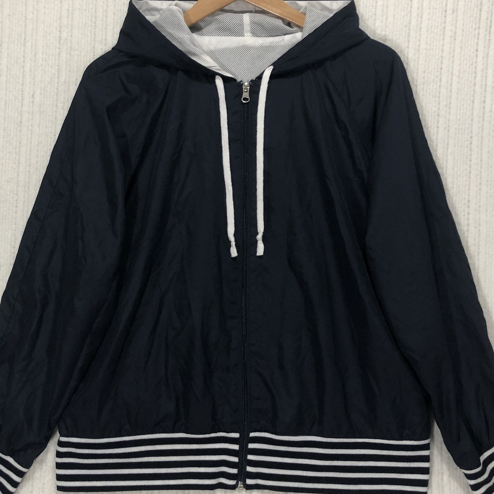 Navy Blue Striped Hem Full Zip Hooded Windbreaker Jacket Mesh Lined